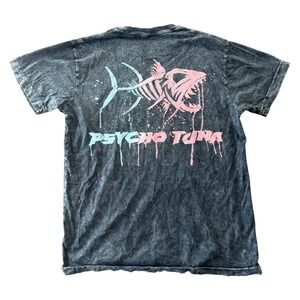 Psycho Tuna Mens Acid Wash Graphic T-Shirt Skeleton Fish Grey Teal Pink Small